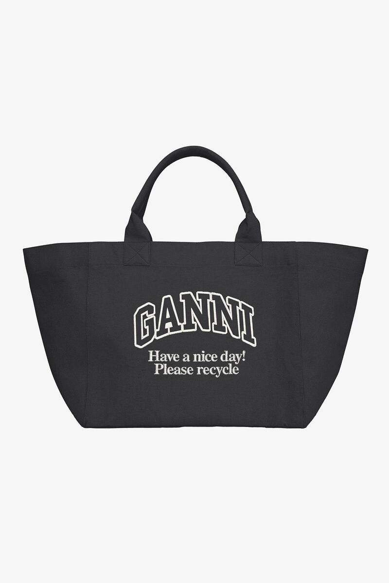 Black XXL Canvas Tote Bag, Recycled Cotton, in colour Phantom - 1 - GANNI