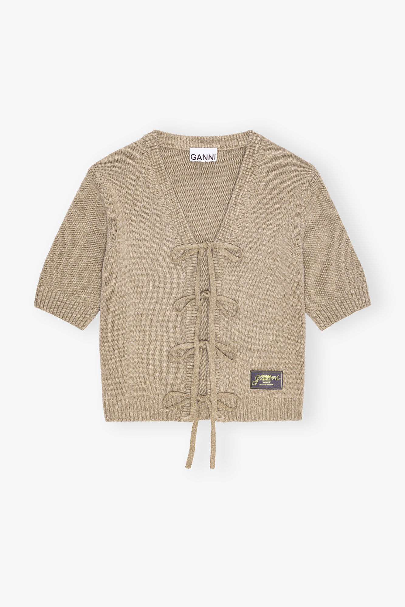 Brown Future Wool Mix Short Sleeve Cardigan, Recycled Wool, in colour Dusty Olive - 1 - GANNI