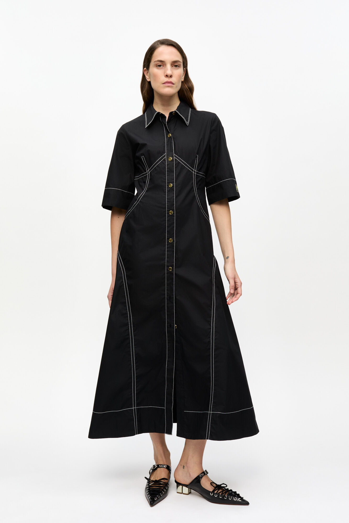 Black Cotton Poplin Shirt Dress, Cotton, in colour Black - 2 - GANNI