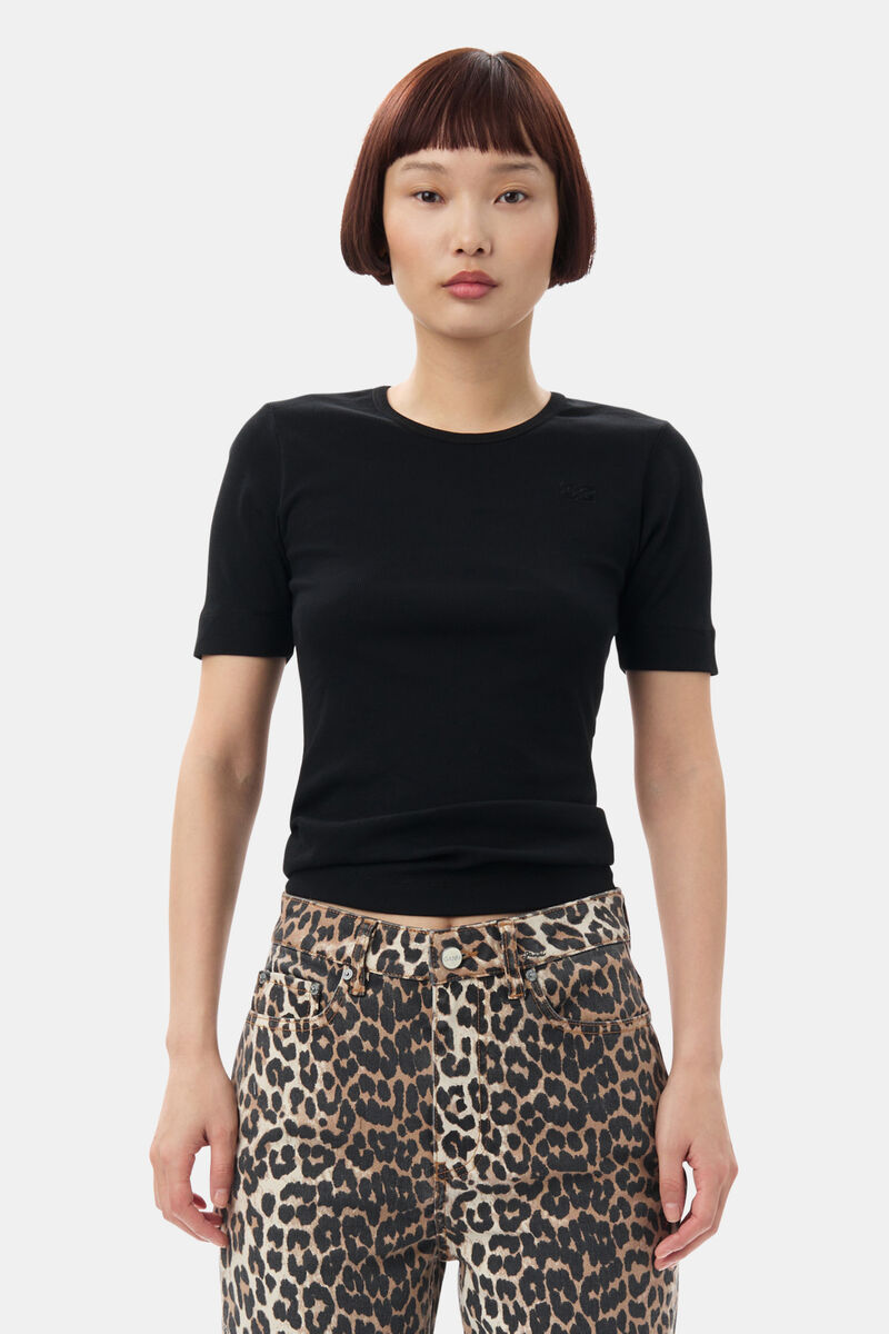 Black Soft Cotton Rib Short Sleeve T-Shirt, Elastane, in colour Black - 1 - GANNI