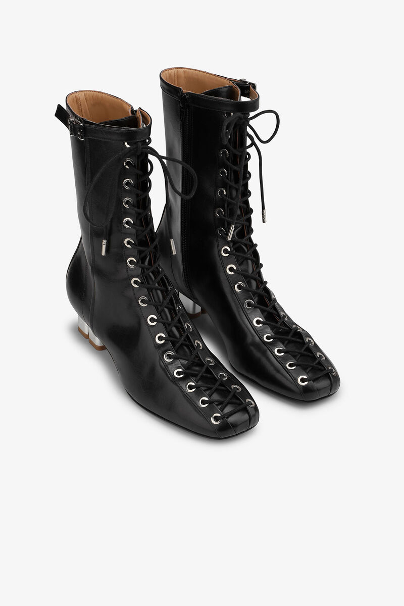 Black Oleatex Eyelets Lace-Up Ankle Boots, Cotton, in colour Black - 2 - GANNI