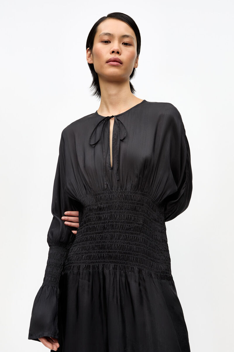 Black Viscose Habotai Smock Midi Dress, Viscose, in colour Phantom - 3 - GANNI
