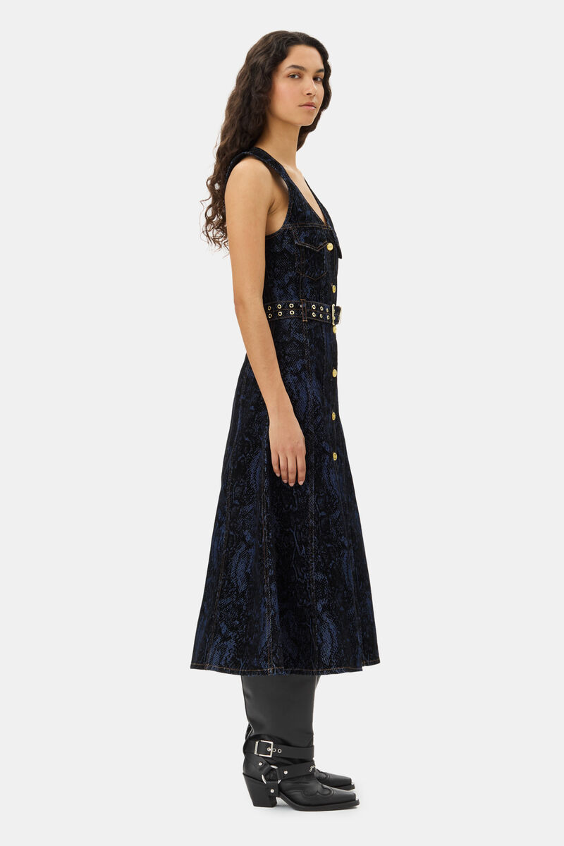 Blue Snake Print Dress, Cotton, in colour Indigo - 3 - GANNI