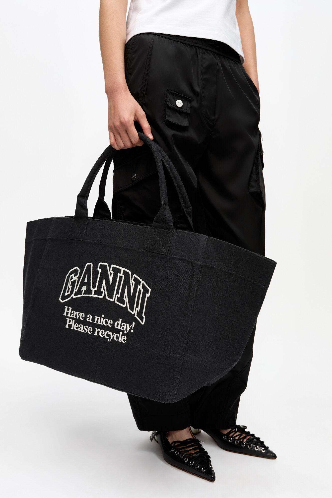 Black XXL Canvas Tote Bag, Recycled Cotton, in colour Phantom - 1 - GANNI