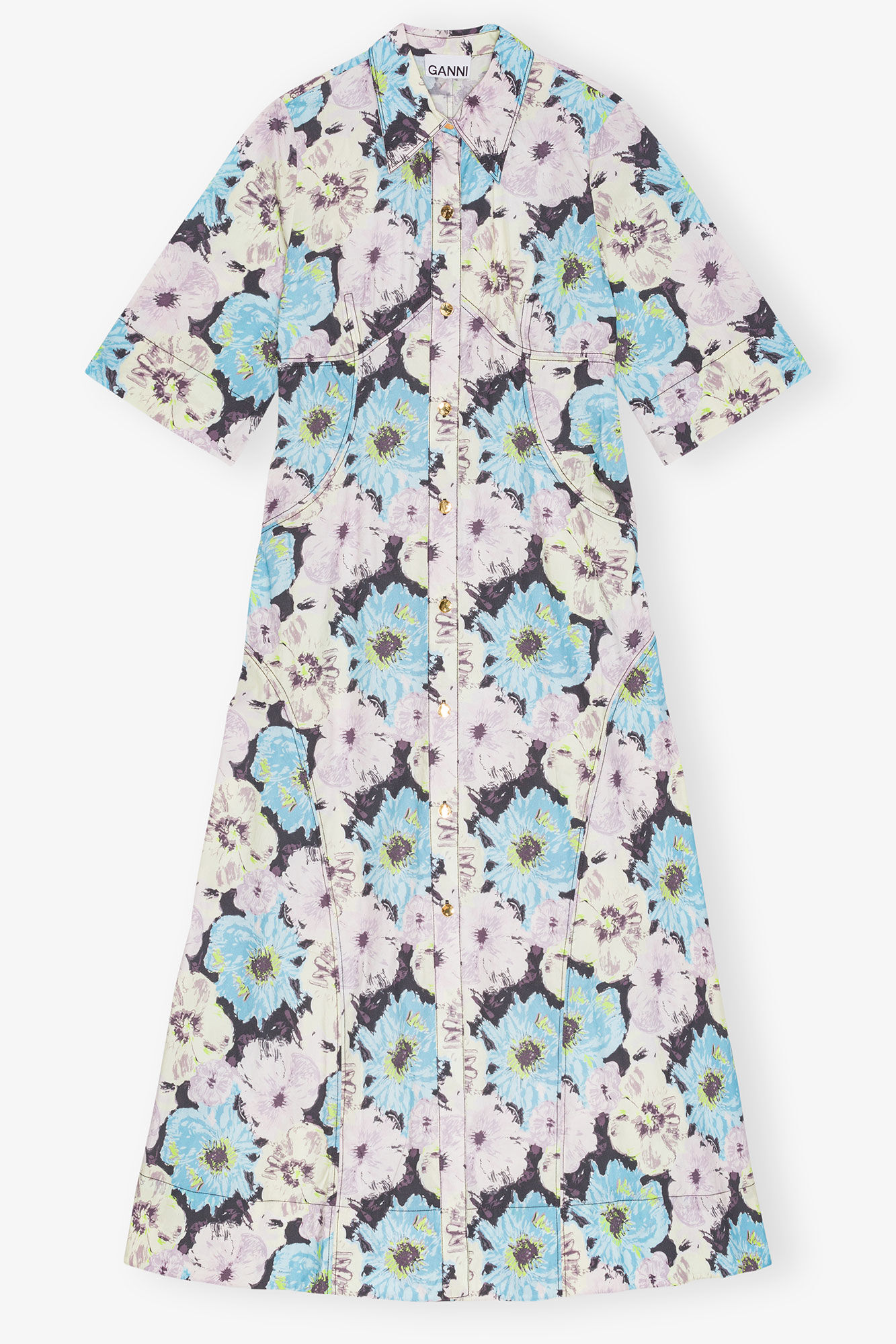 Floral Printed Cotton Long Shirt Dress, Cotton, in colour Multicolour - 1 - GANNI