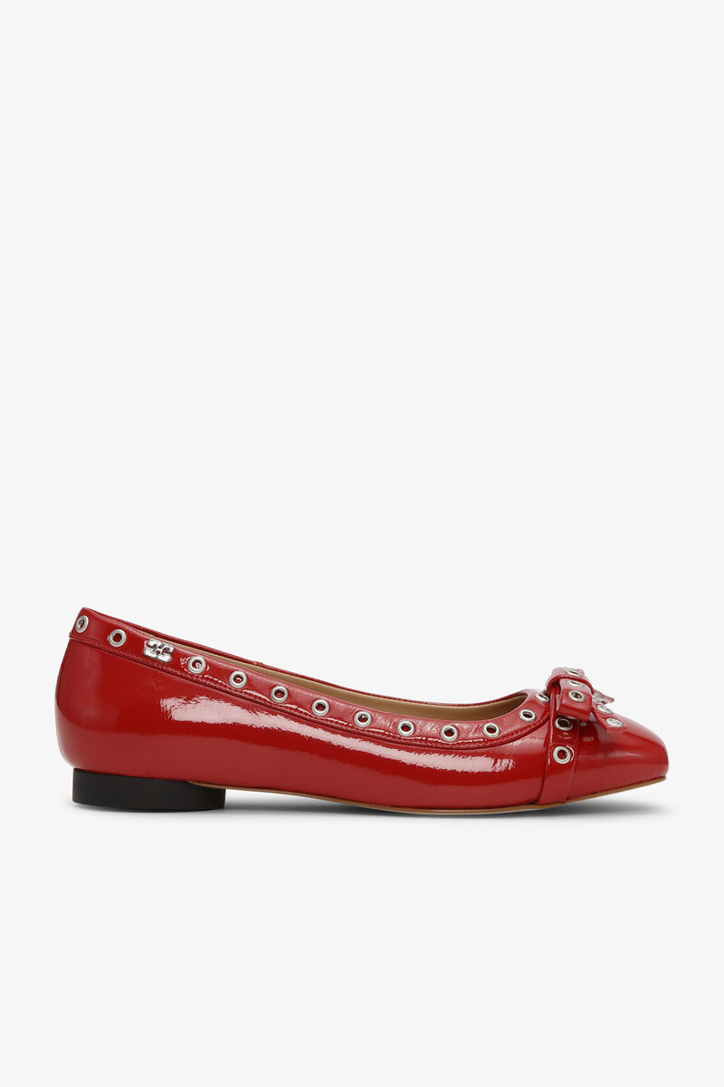 Red Eyelet Bow Ballerinas, Polyurethane, in colour Racing Red - 1 - GANNI