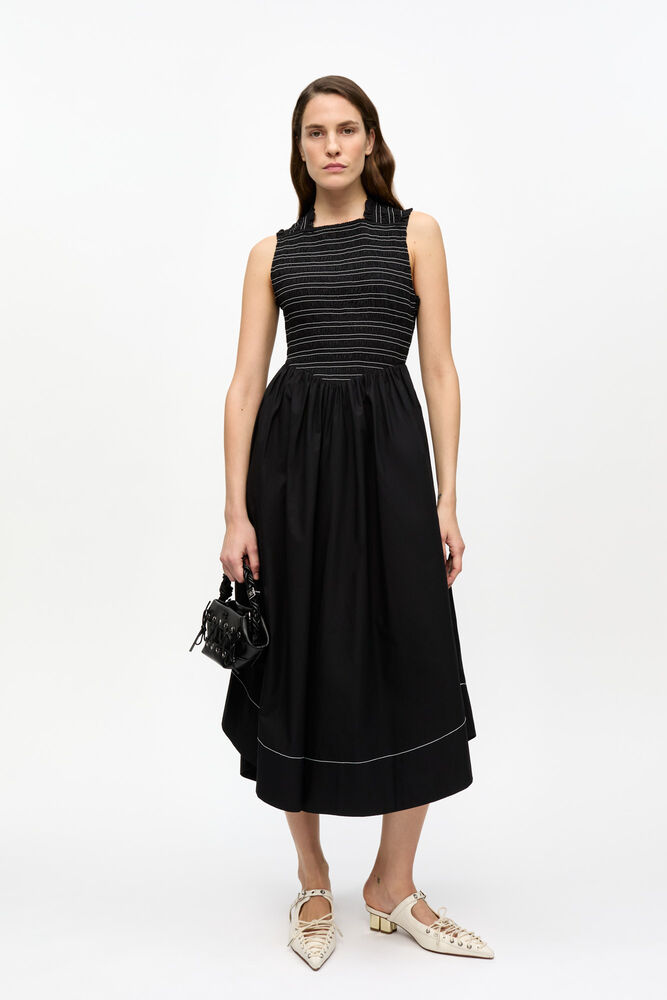 Black Washed Stretch Cotton Smock Midi Dress