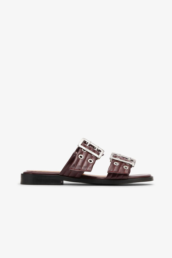 Burgundy Feminine Buckle Two-Strap Sandals