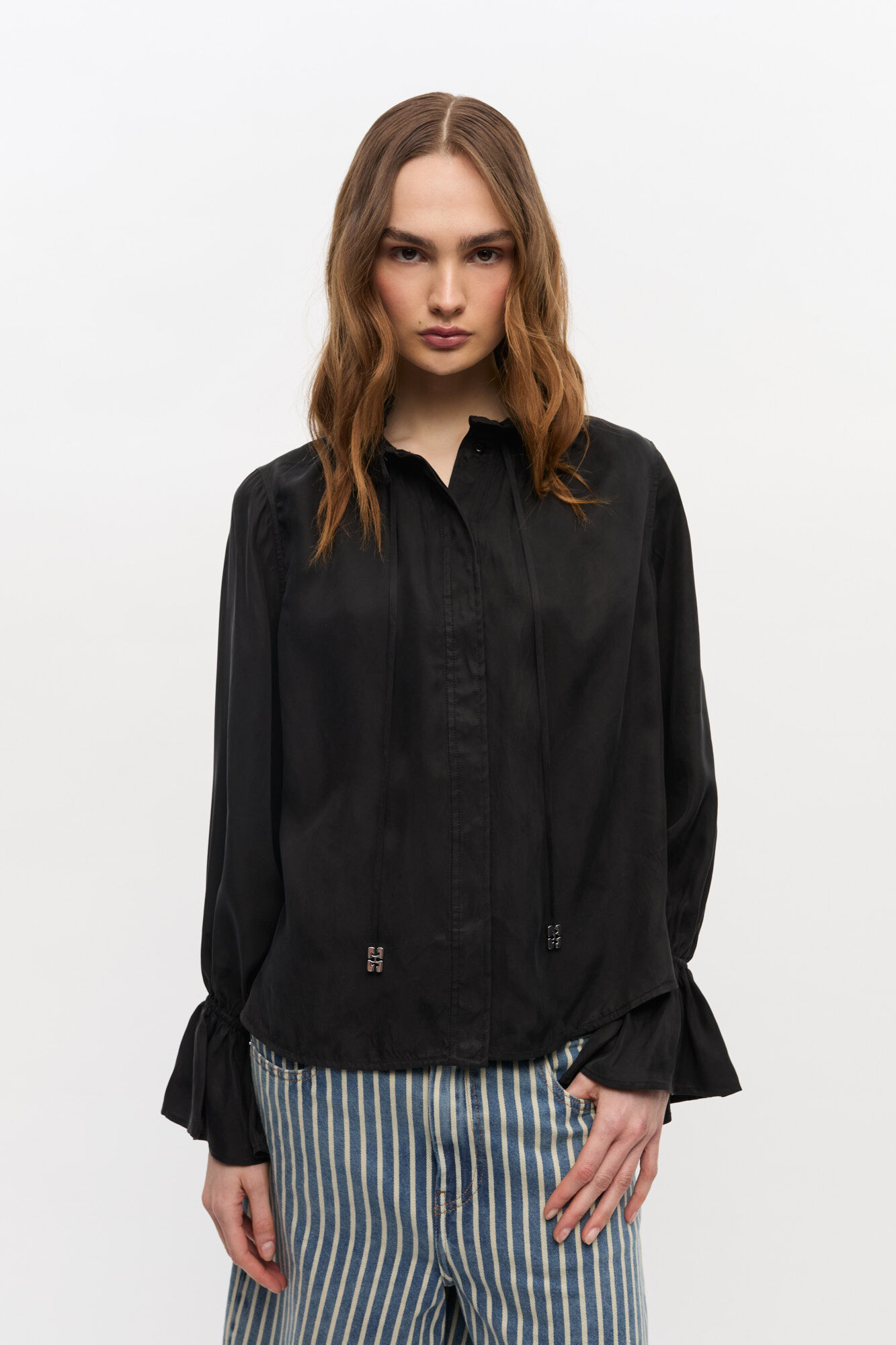 Black Fluid Cupro Tie Shirt, Cupro, in colour Black - 1 - GANNI