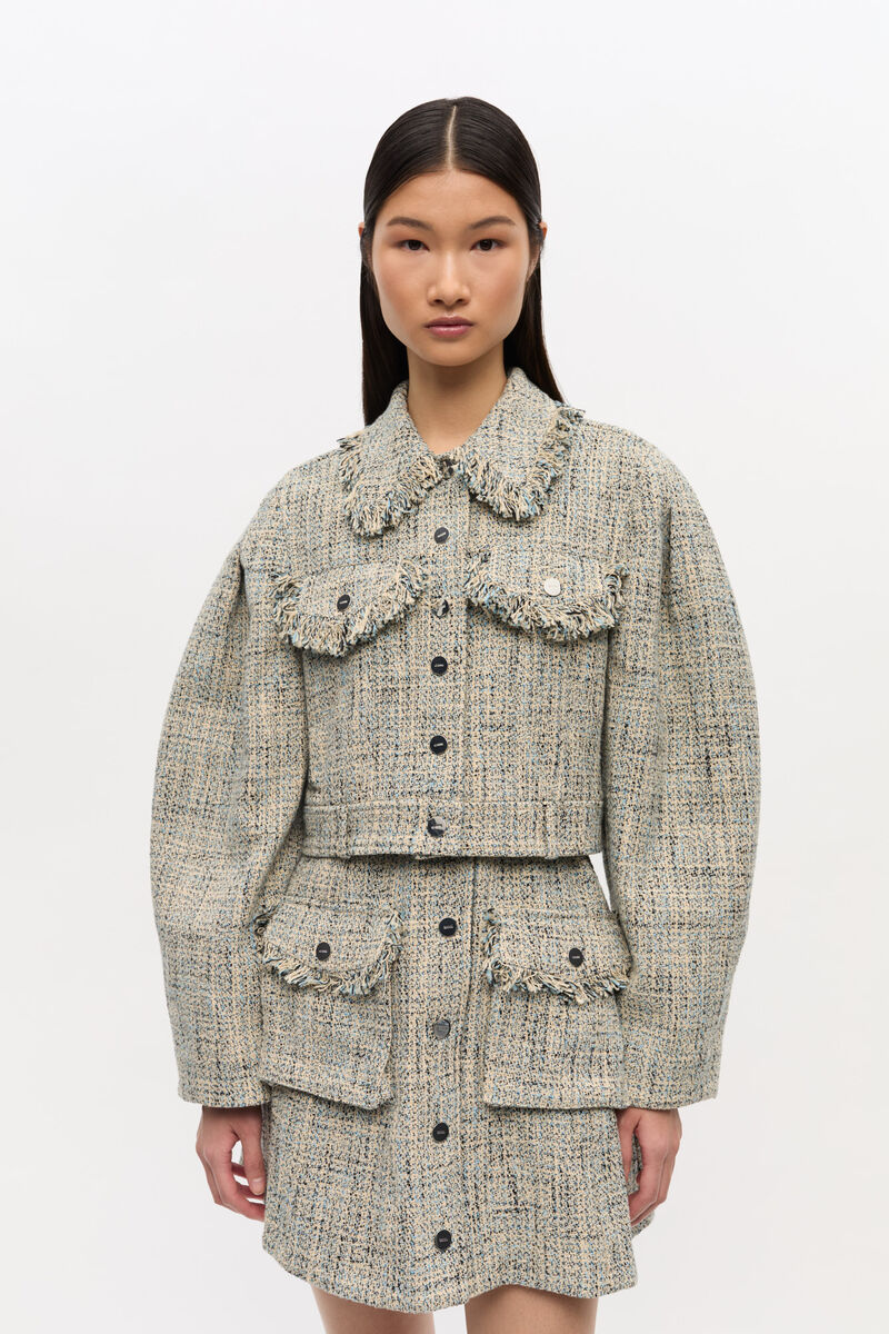 Short Tweed Jacket, Cotton, in colour Alaskan Blue - 1 - GANNI