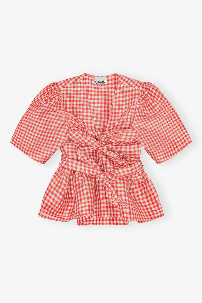 Red Crinkled Check Taffeta Blouse