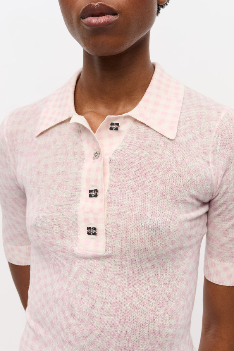 Polo rose en coton transparent imprimé, Elastane, in colour Bleached Mauve - 3 - GANNI