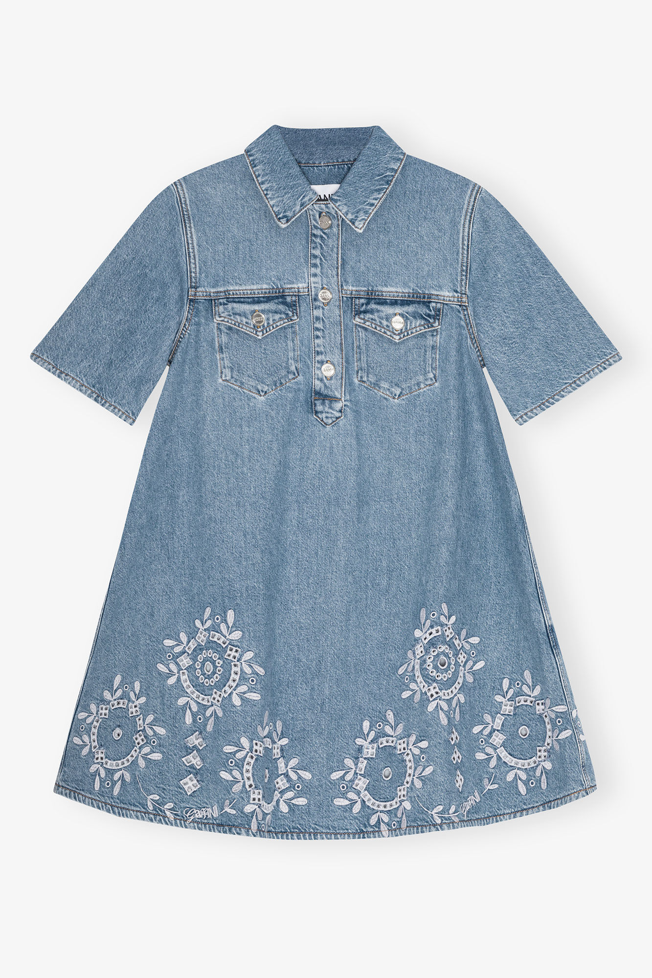 Broderie Anglaise Mini Dress, Cotton, in colour Light Blue Stone - 1 - GANNI