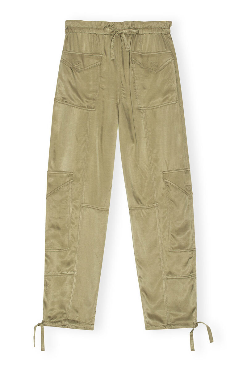 Washed Satin Pants, Cupro, in colour Aloe - 1 - GANNI