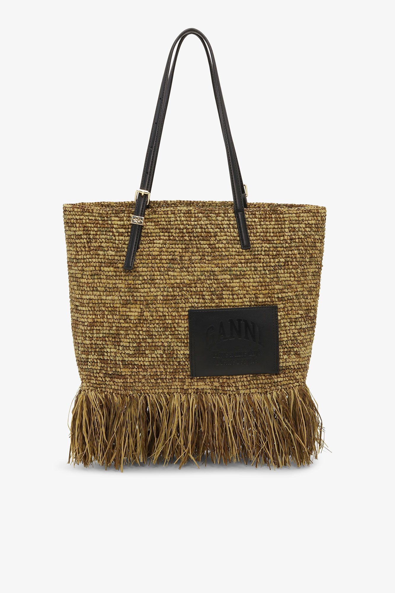 Raffia Tote Fringes Bag Small, in colour Spinach Green - 1 - GANNI