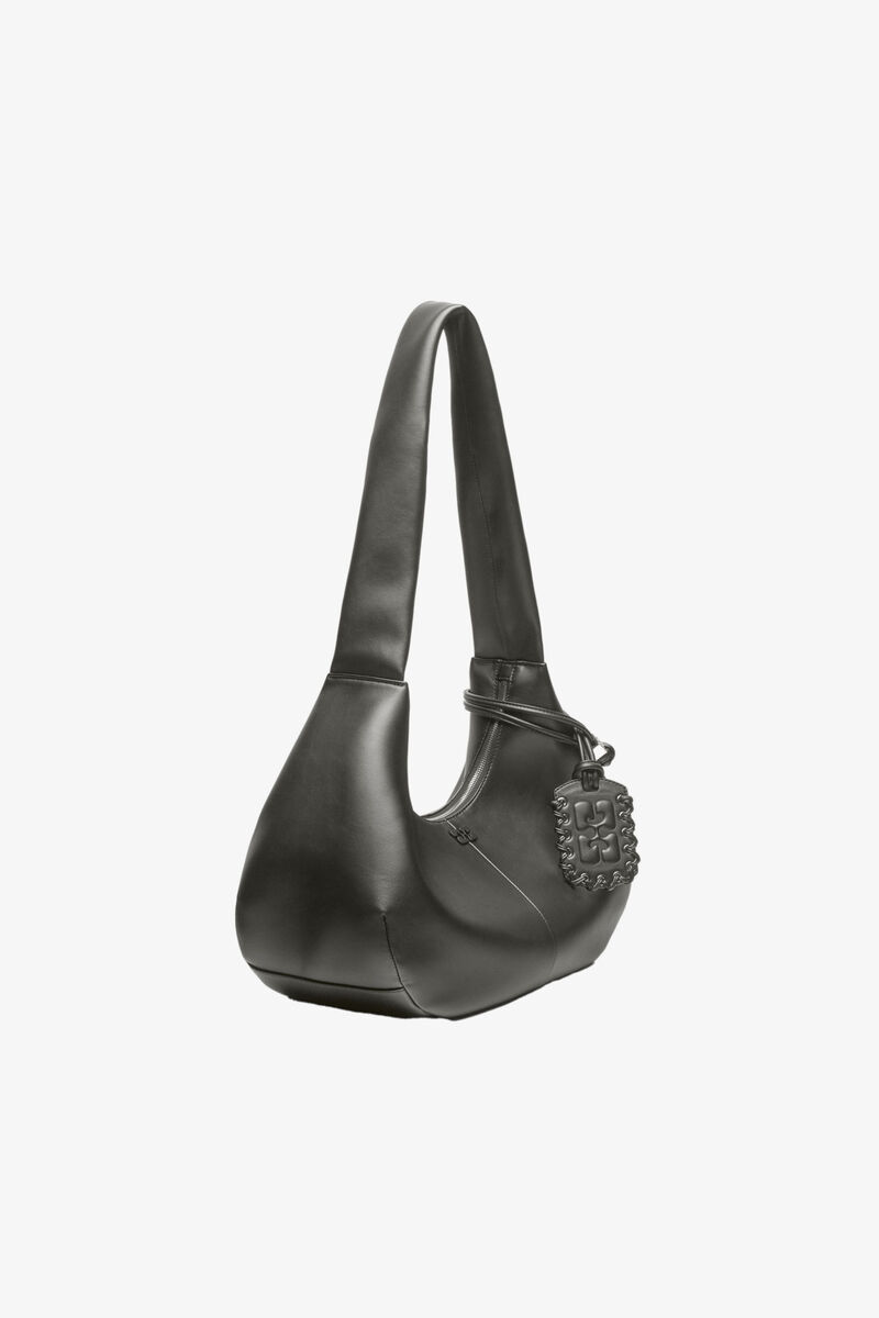 Dunkelgraue mittelgroße Hobo-Tasche, Lyocell, in colour Steal Grey - 2 - GANNI