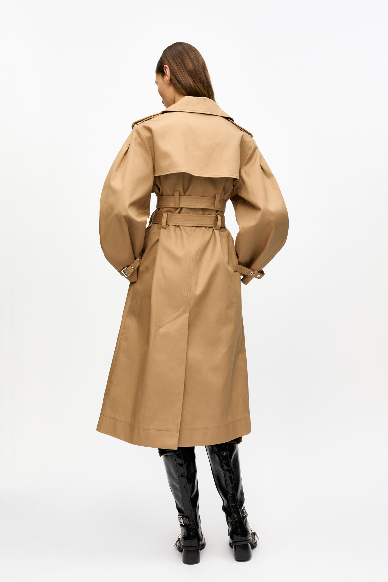 Camel Bonded Cotton Trench Coat, Cotton, in colour Tiger's Eye - 2 - GANNI