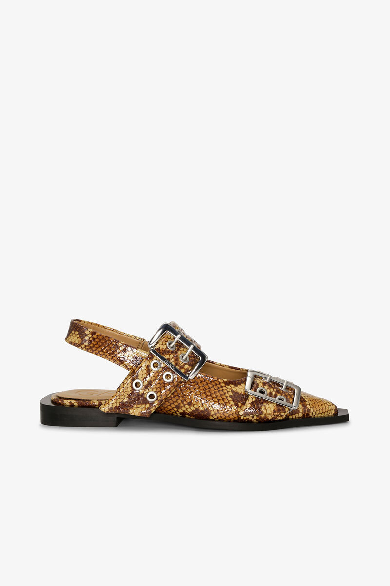 Brown Snake Feminine Buckle Ballerinas, Polyester, in colour Buckthorn Brown - 1 - GANNI