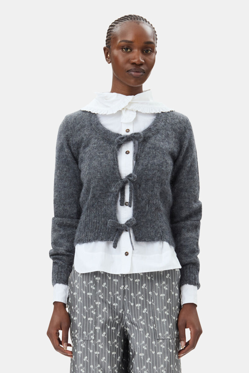 Grey Light Mohair Tie String Cardigan, Merino Wool, in colour Paloma Melange - 1 - GANNI
