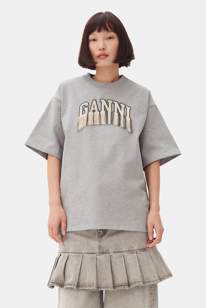 Grey Heavy Cotton Drop Shoulder Fringe T-shirt