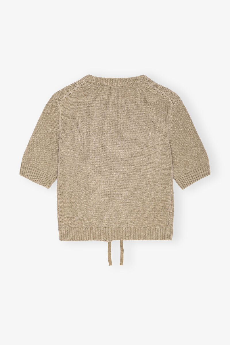 Brown Future Wool Mix Short Sleeve Cardigan, Recycled Wool, in colour Dusty Olive - 2 - GANNI