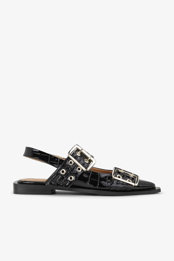 Black Croco Patent Feminine Buckle Ballerinas