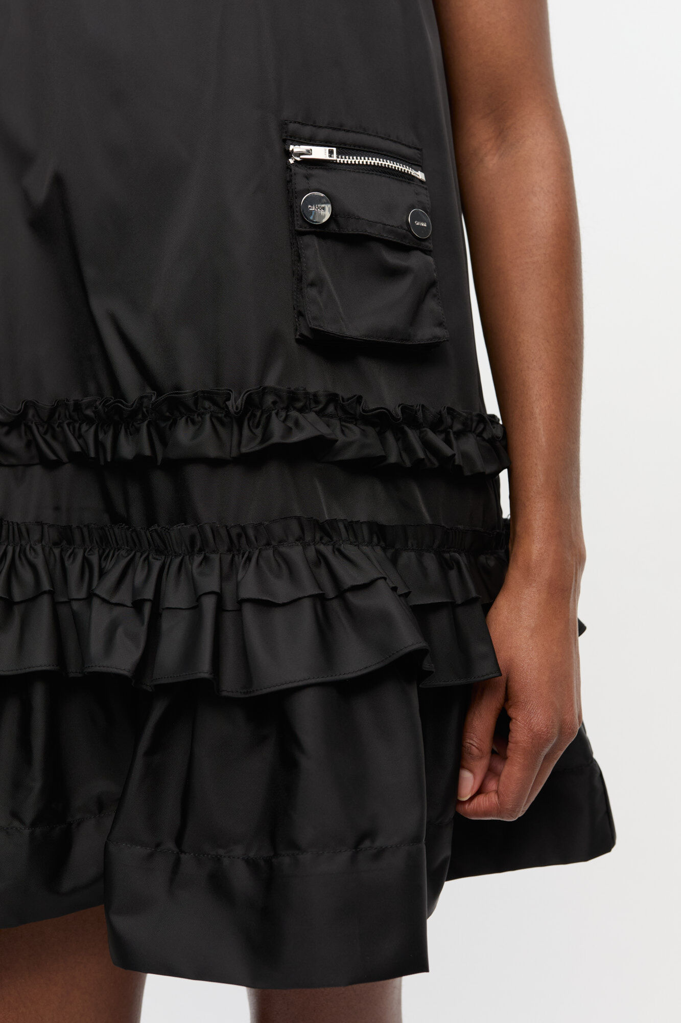 Black Duchesse Nylon Mini Dress, Polyurethane, in colour Black - 4 - GANNI