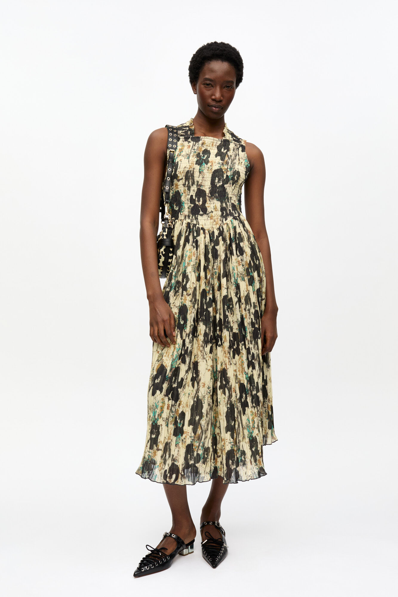 Printed Pleats Smock Midi Straps Dress, Recycled Polyester, in colour Afterglow - 1 - GANNI