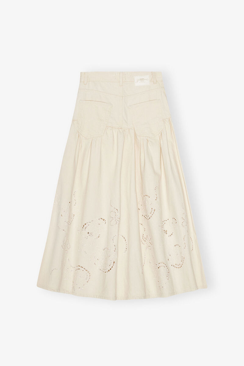 Jupe en jean en broderie anglaise, Cotton, in colour Egret - 2 - GANNI