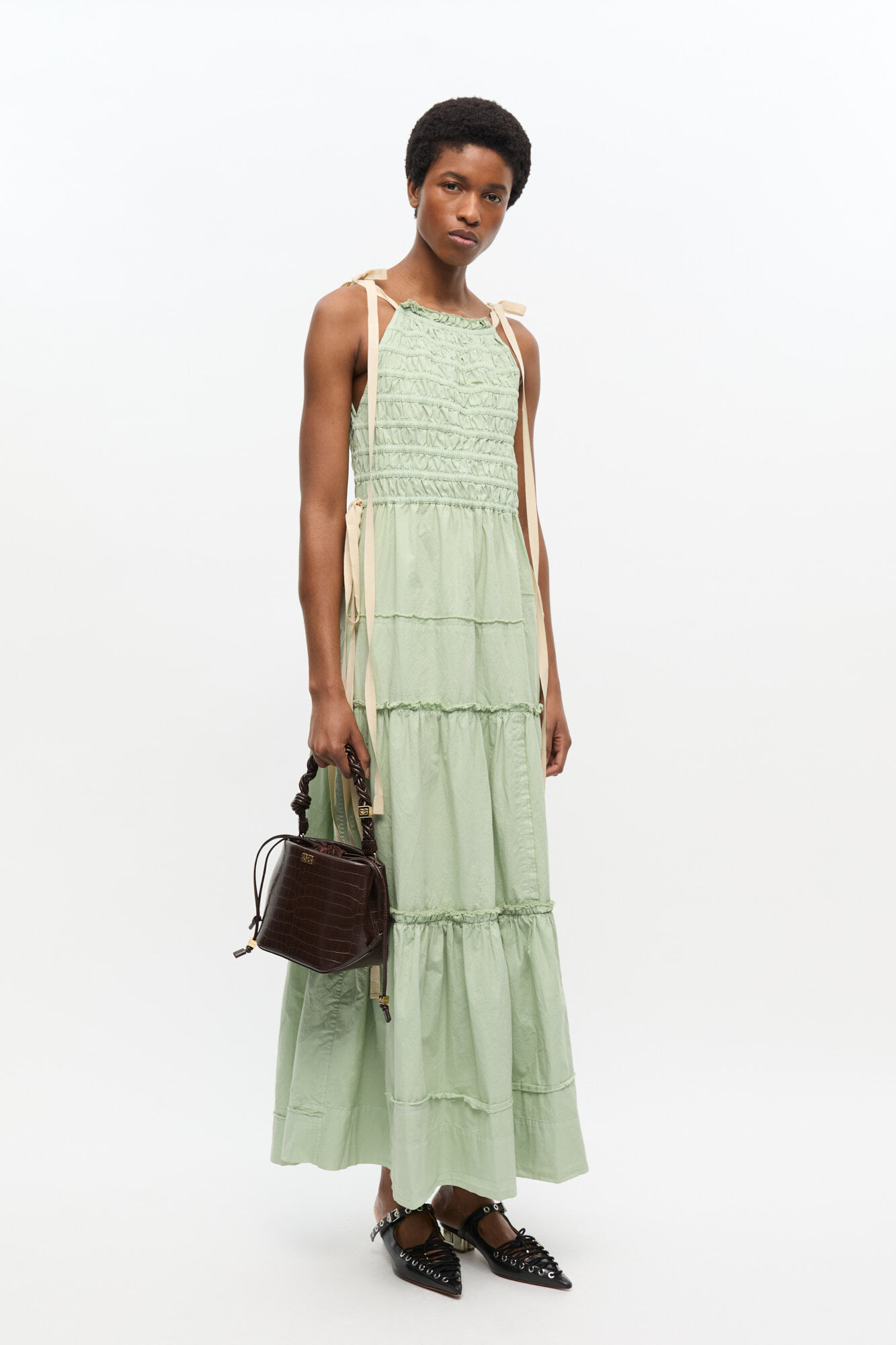 Brown Croco GANNI Bou Bucket Bag, Lyocell, in colour Chocolate Fondant - 1 - GANNI