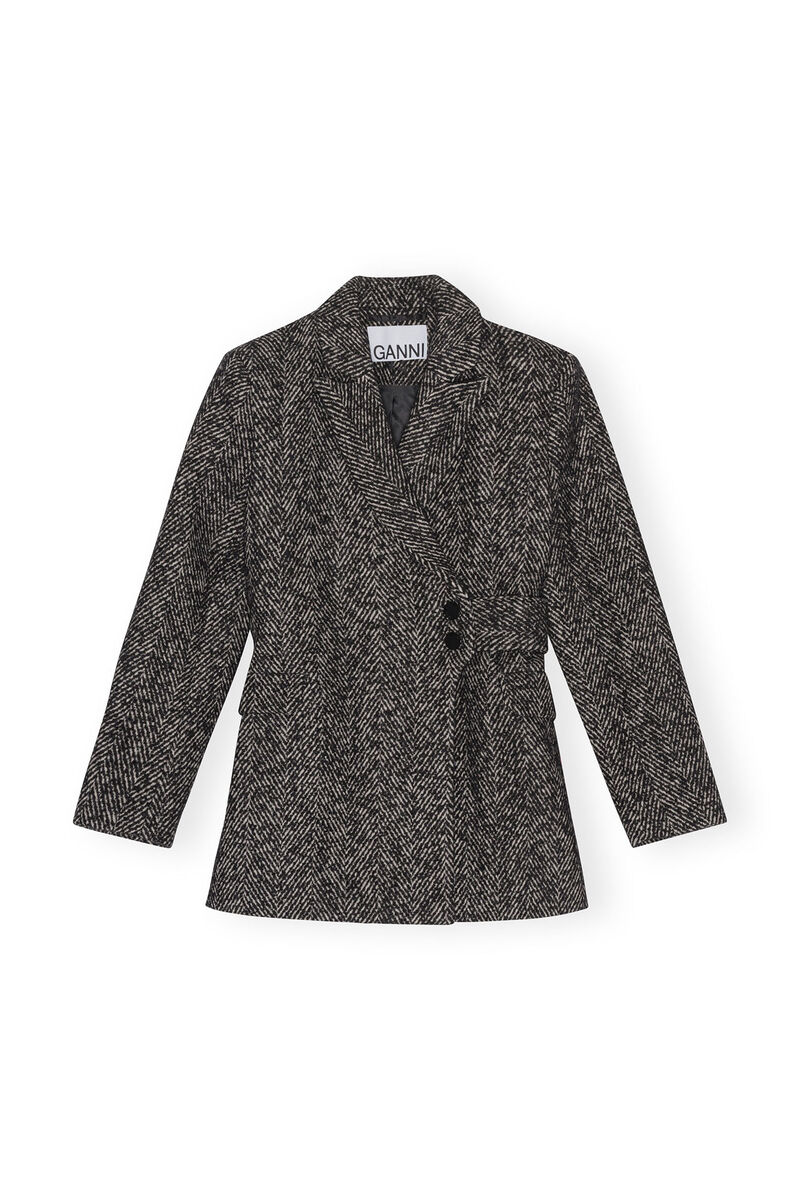 Herringbone Wool Belt Blazer, Acryl, in colour Black - 1 - GANNI
