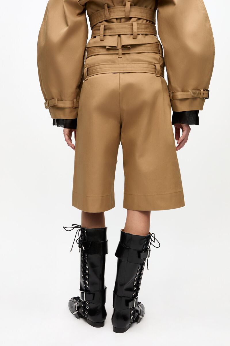 Camel Bonded Cotton Belt Shorts, Cotton, in colour Tiger's Eye - 3 - GANNI