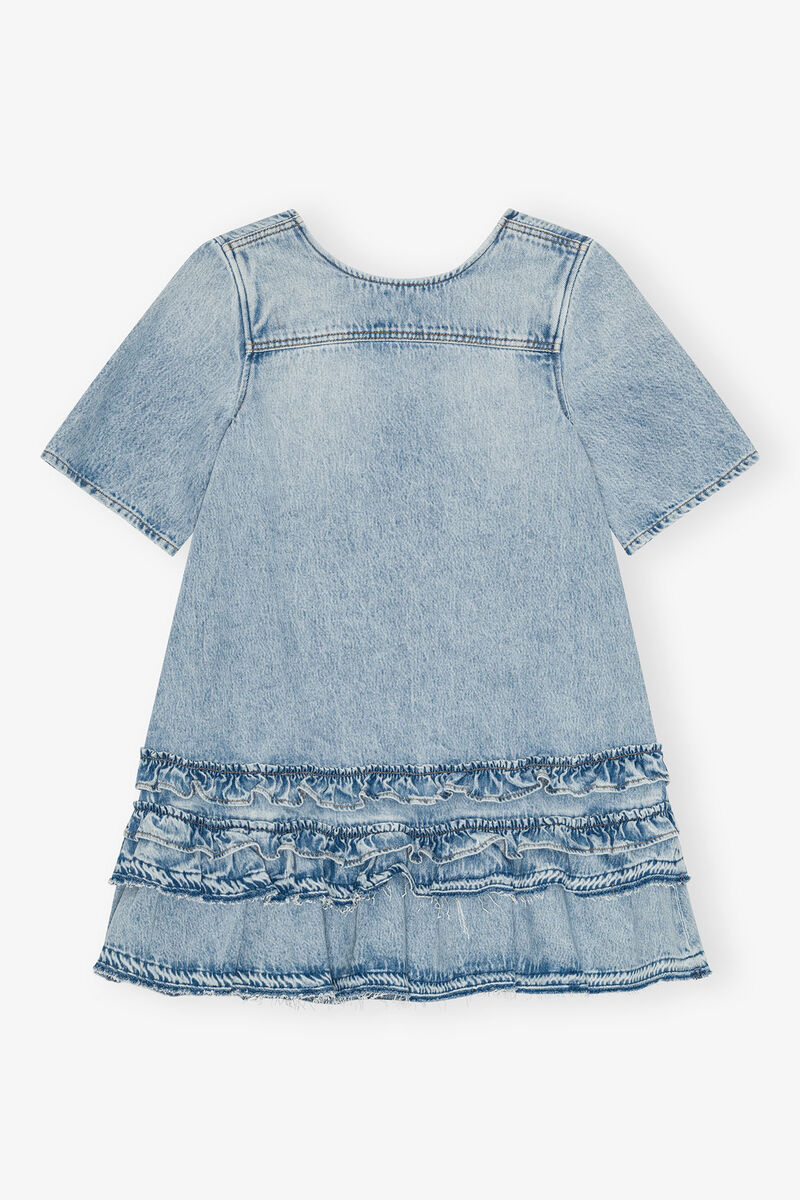Light Blue Denim Frill Mini Dress, Lyocell, in colour Light Blue Stone - 1 - GANNI