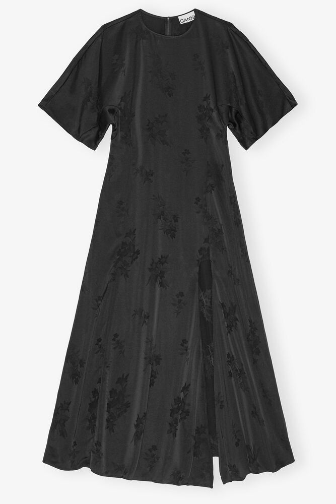 Black Fluid Satin Jacquard Slit Dress