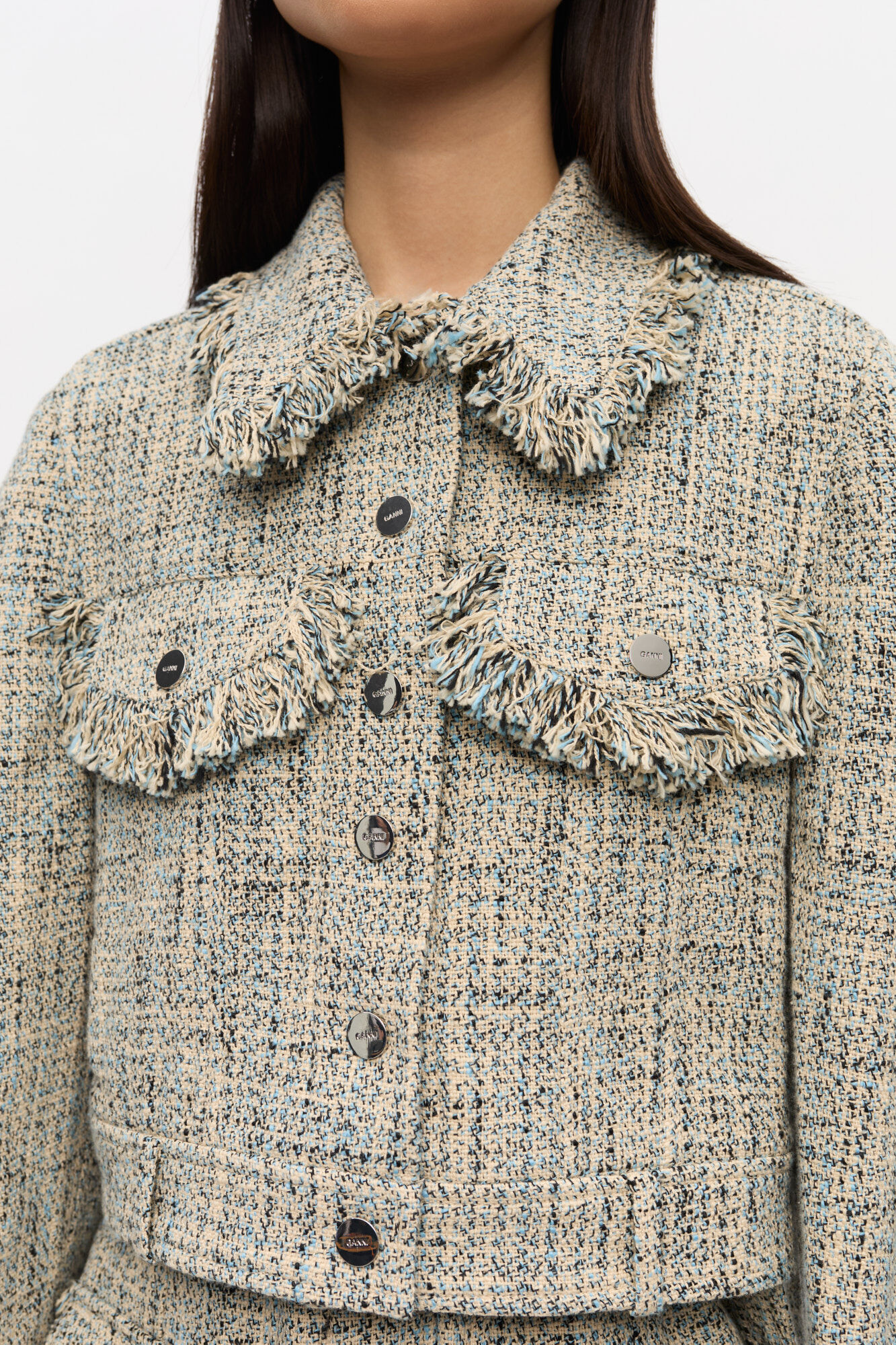 Short Tweed Jacket, Cotton, in colour Alaskan Blue - 3 - GANNI