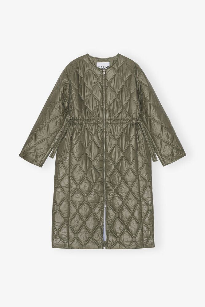 Green Shiny Quilt Long Coat
