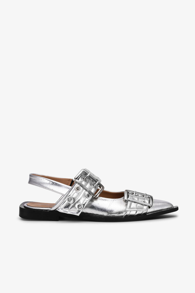 Silver Metallic Feminine Buckle Ballerinas, Polyurethane, in colour Silver - 1 - GANNI
