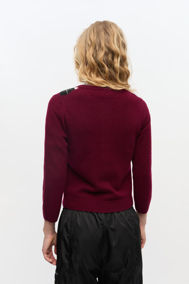 Burgunderrote Strickjacke mit Karomuster, Cashmere, in colour Tawny Port - 3 - GANNI