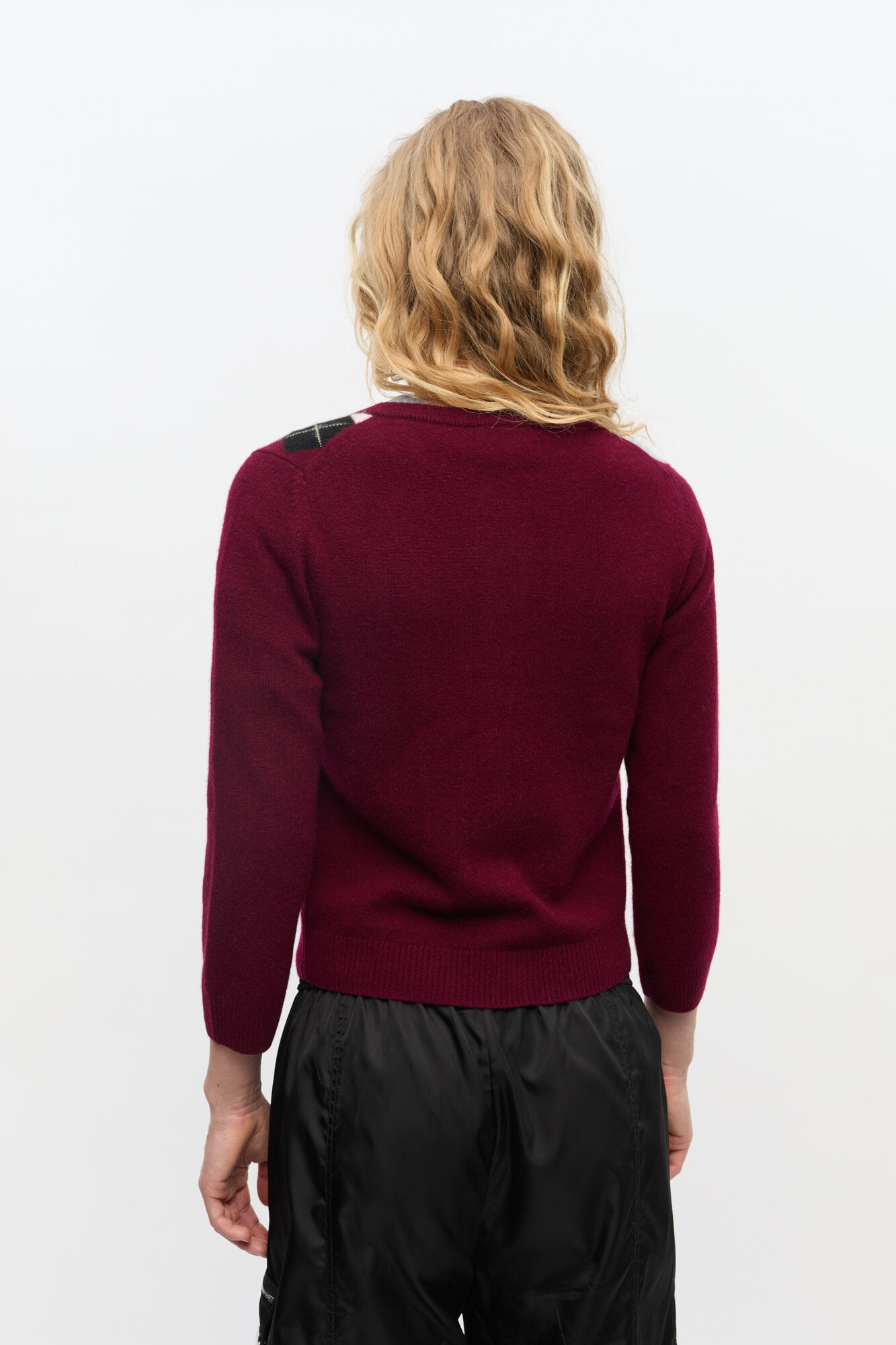 Burgunderrote Strickjacke mit Karomuster, Cashmere, in colour Tawny Port - 3 - GANNI