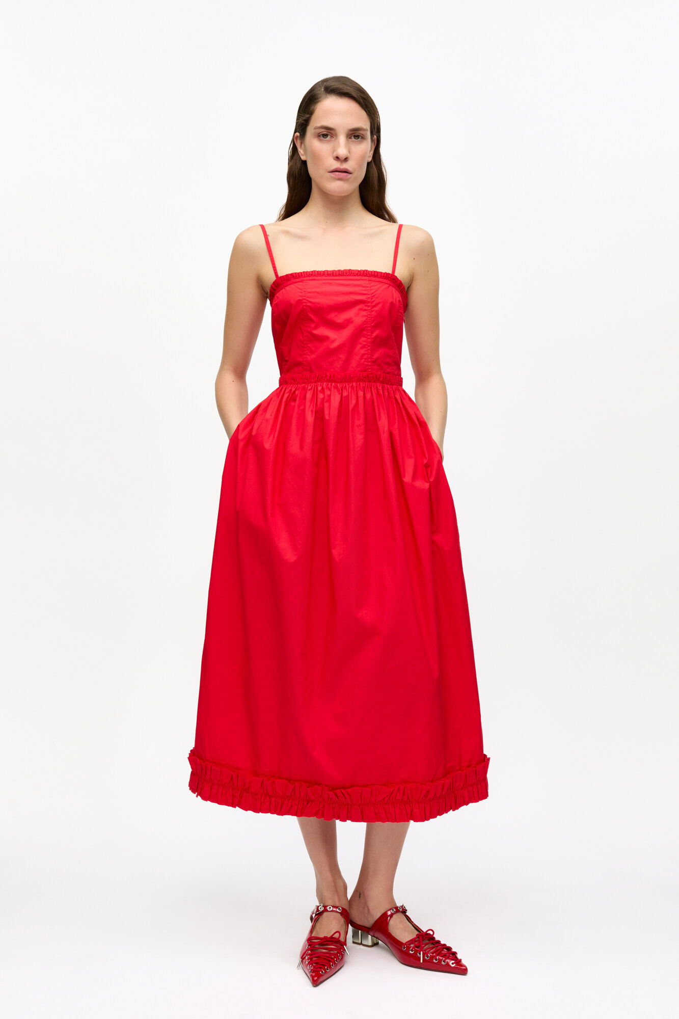Red Cotton Poplin Strap Dress, Cotton, in colour Racing Red - 1 - GANNI