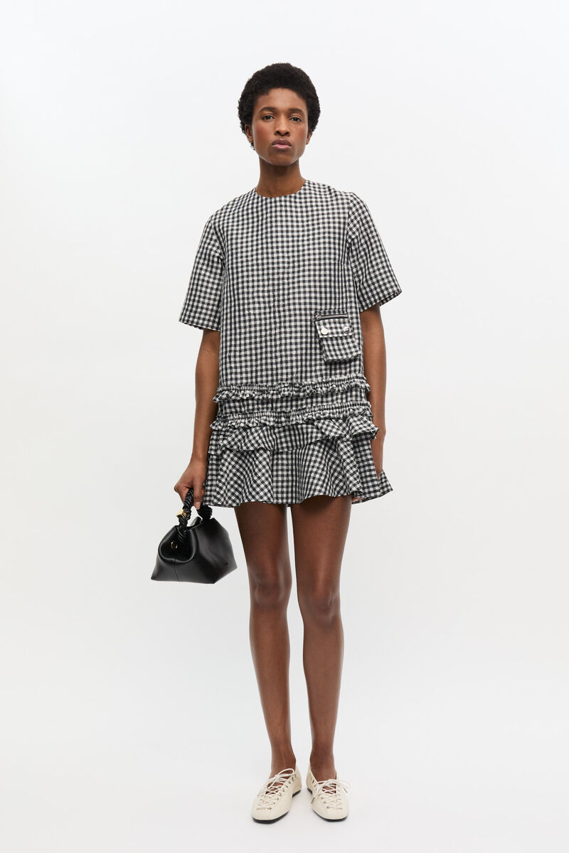 Crinkled Check Mini Dress, Recycled Polyester, in colour Black - 1 - GANNI