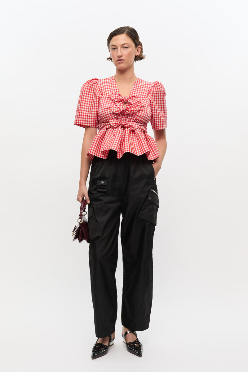 Rød, rynkete bluse med rutemønster i taft, Recycled Polyester, in colour Red Alert - 2 - GANNI