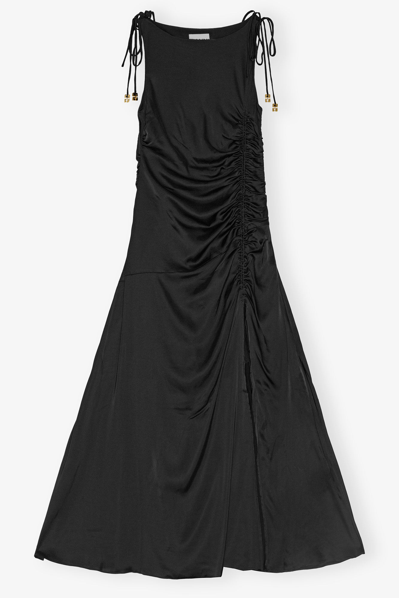 Black Satin Gathered Dress, Spandex, in colour Black - 1 - GANNI