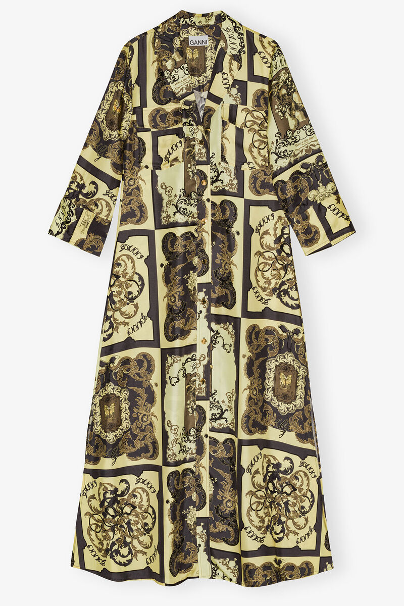 Yellow Printed Silk Midi Dress, Silk, in colour Popcorn - 3 - GANNI