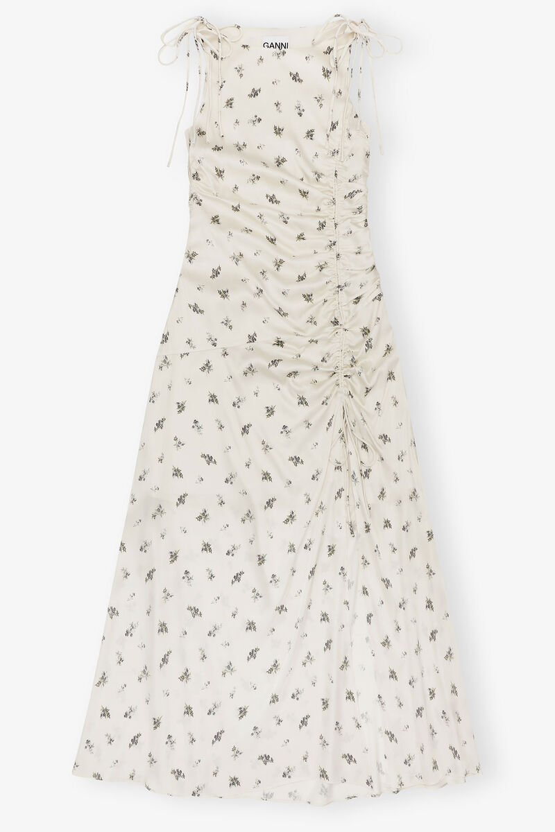White Satin Gathered Dress, Elastane, in colour Egret - 1 - GANNI