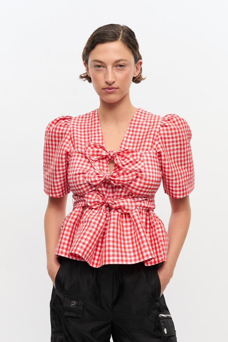 Rød, rynkete bluse med rutemønster i taft, Recycled Polyester, in colour Red Alert - 1 - GANNI