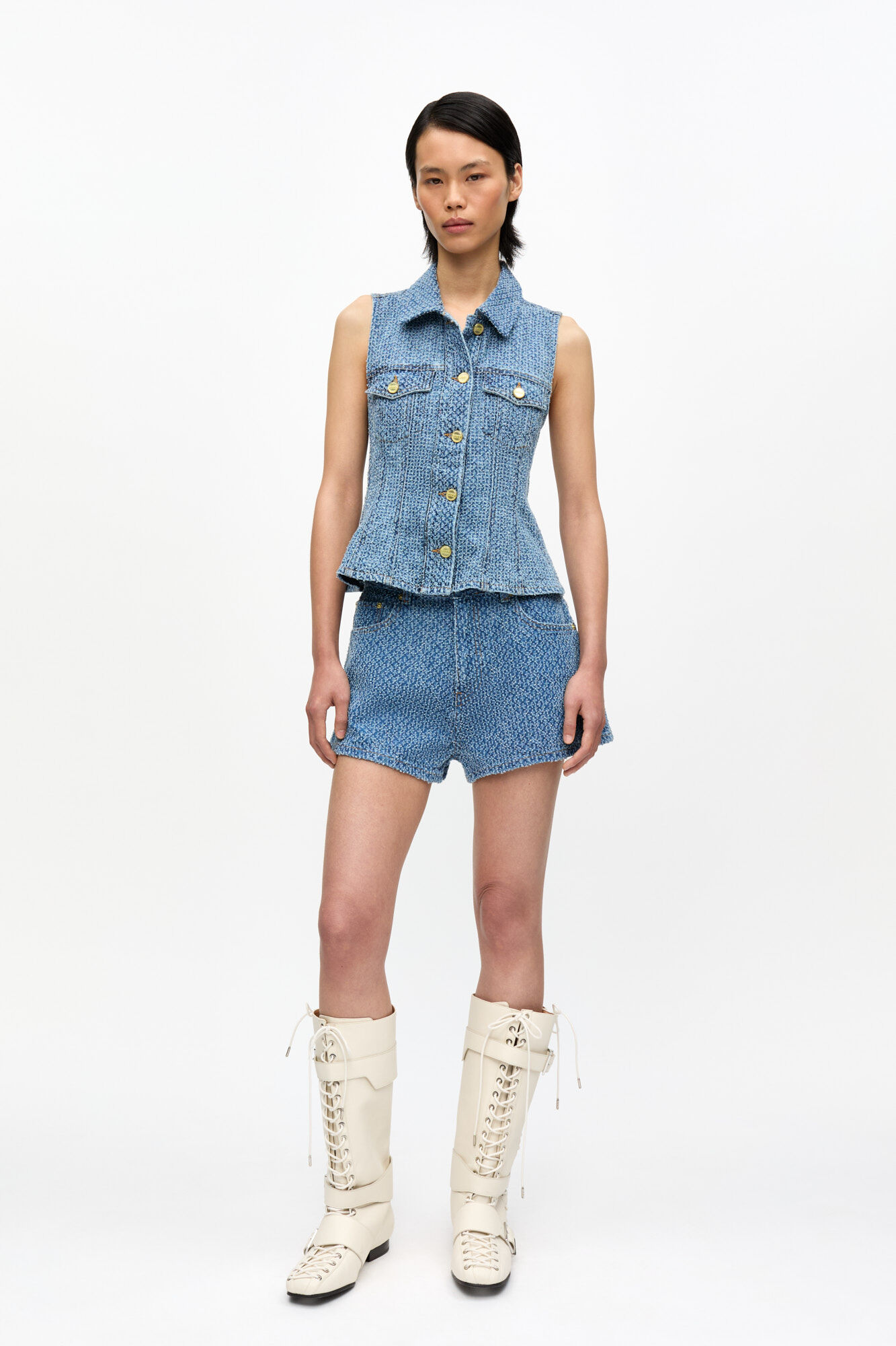 Light Blue Textured Shorts, Cotton, in colour Mid Blue Stone - 1 - GANNI