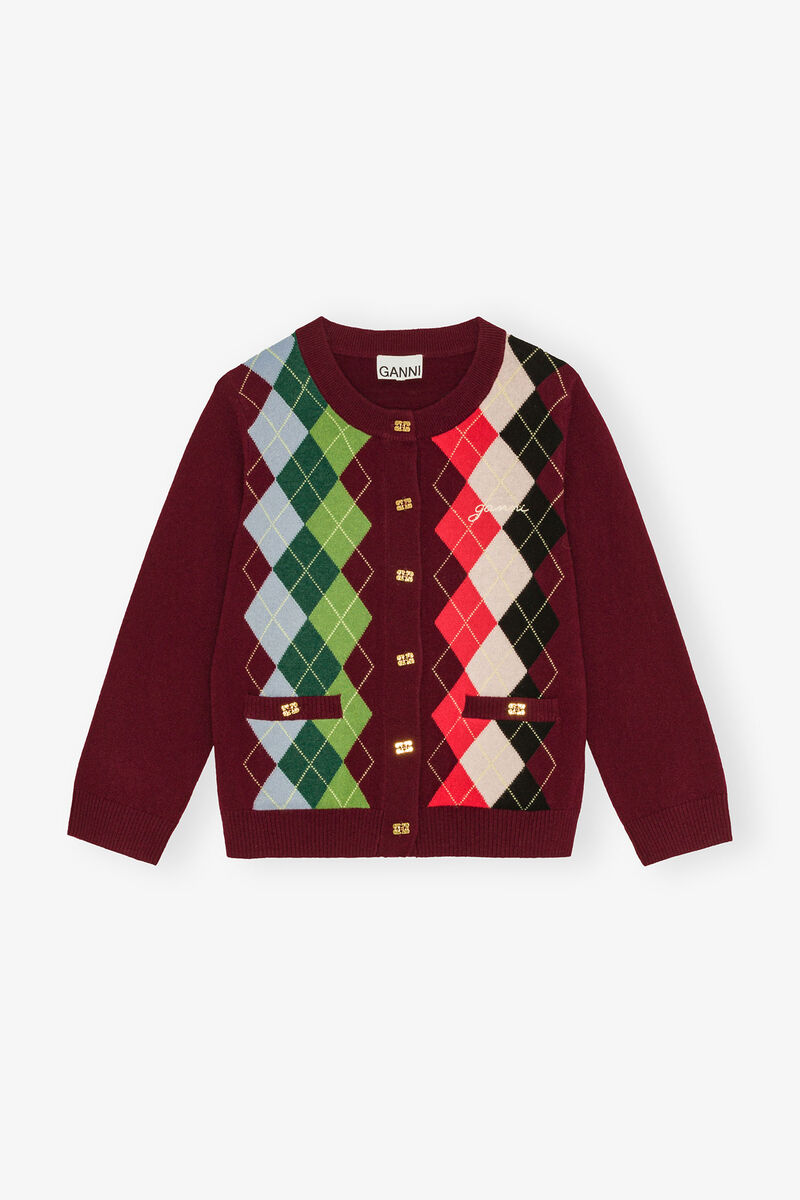 Burgunderrote Strickjacke mit Karomuster, Cashmere, in colour Tawny Port - 1 - GANNI