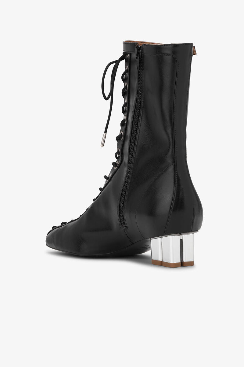 Black Oleatex Eyelets Lace-Up Ankle Boots, Cotton, in colour Black - 3 - GANNI