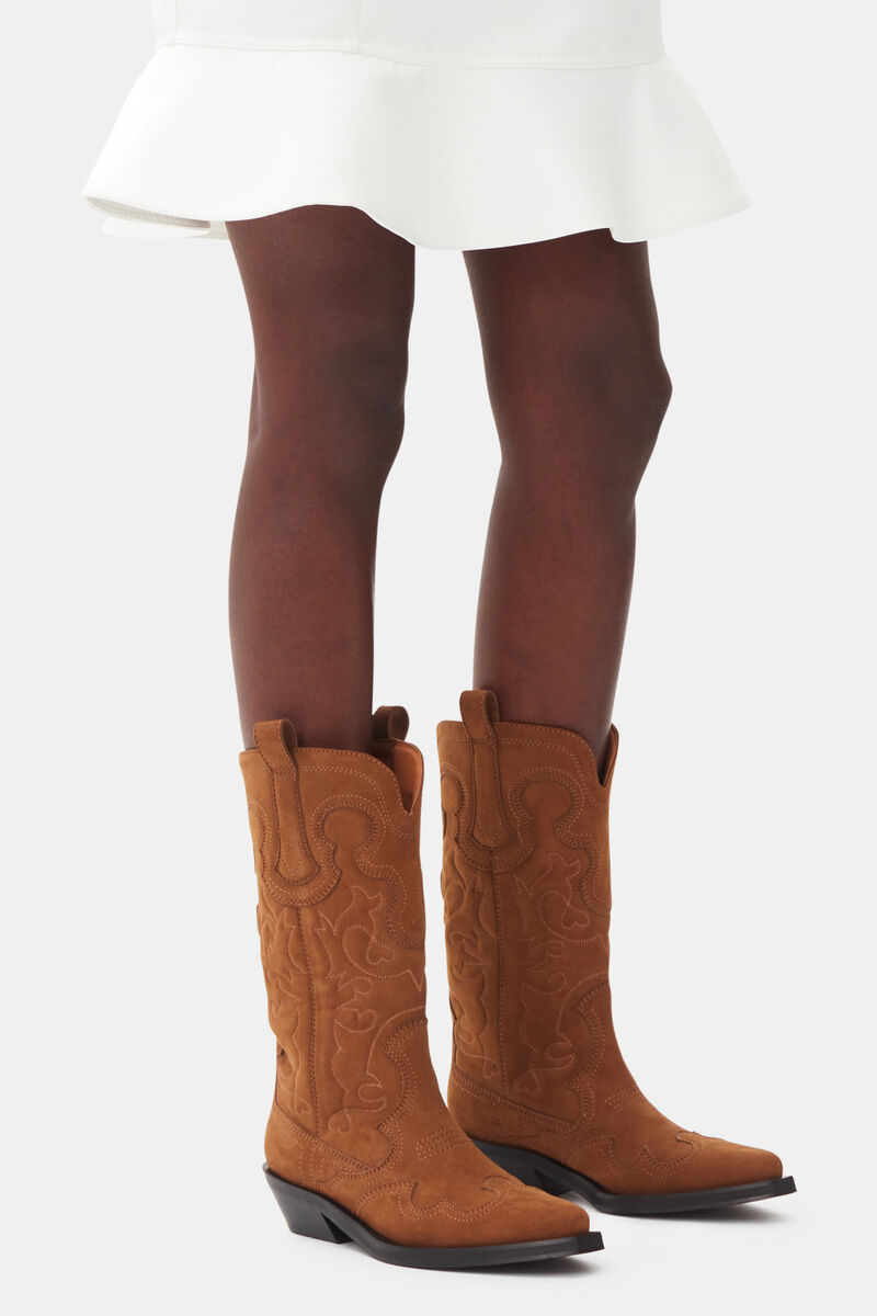 Brown Suede Mid Shaft Embroidered Western Boots, Polyurethane, in colour Tobacco Brown - 1 - GANNI
